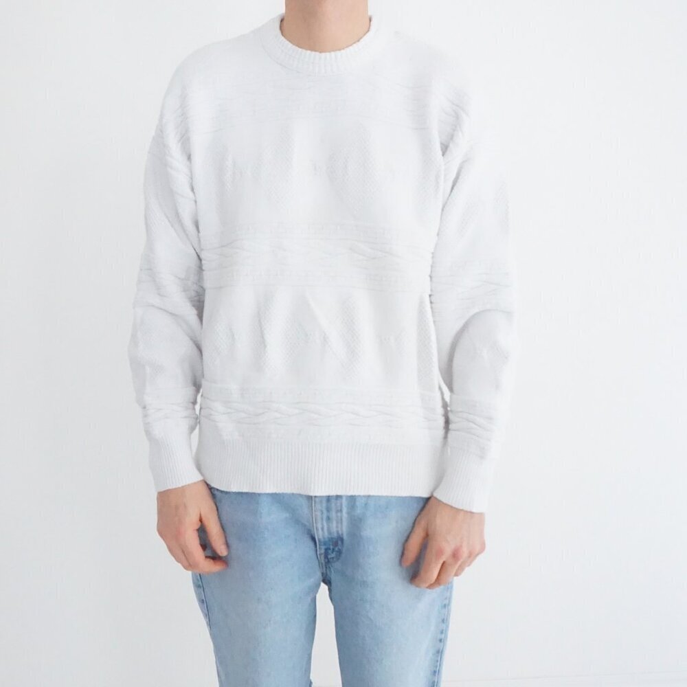 Vintage White Cable Knit Textured Crewneck Pullover Sweater Classic Winter Large